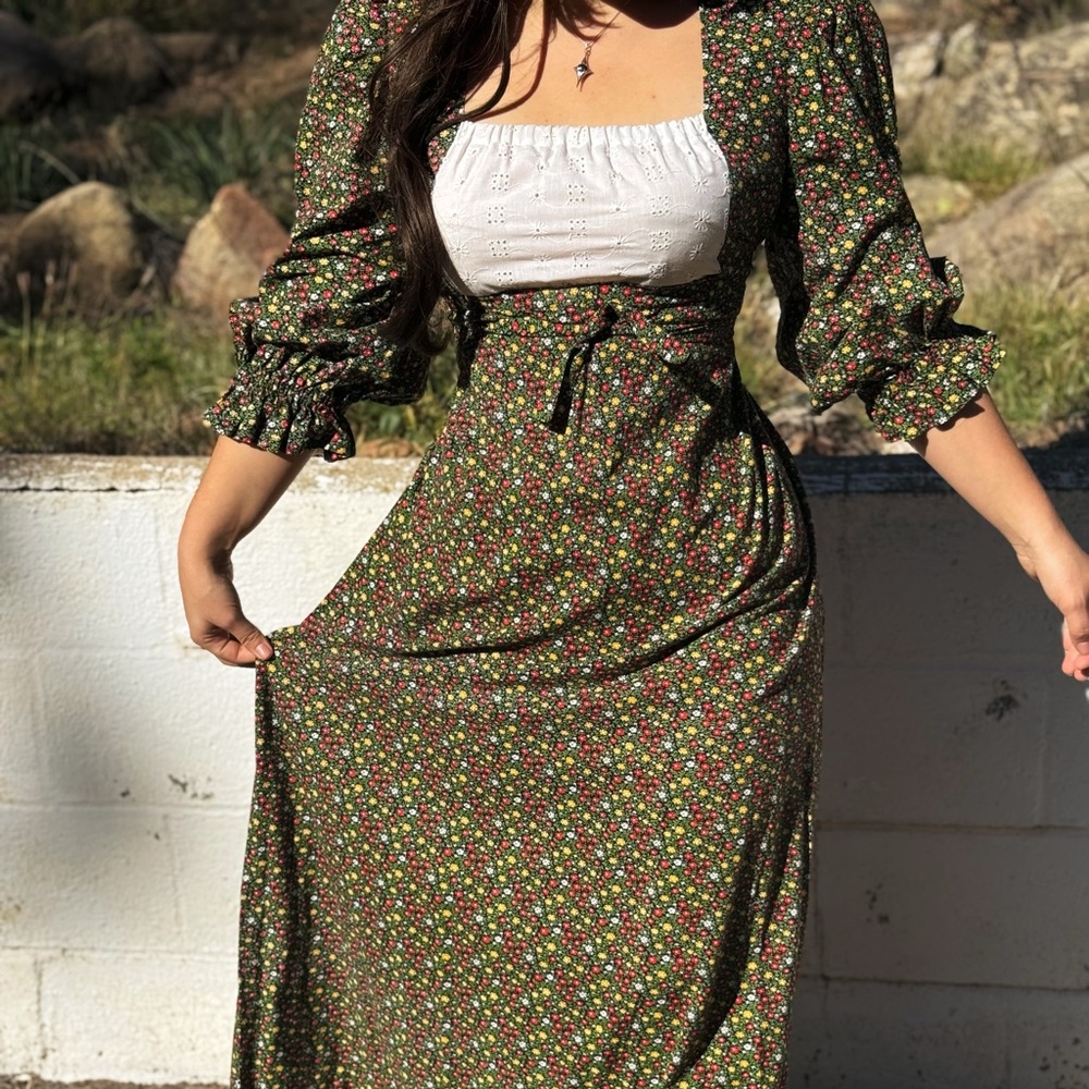 1970s Handmade Prairie Dress – Black with Red & Yellow Flowers